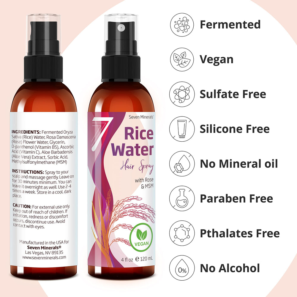 Seven Minerals rice water spray with MSM nourishes hair follicles.