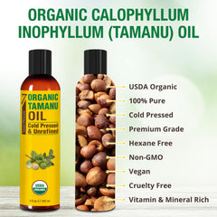 Seven Minerals Tamanu Oil amber bottle label highlights purity and hexane-free quality.