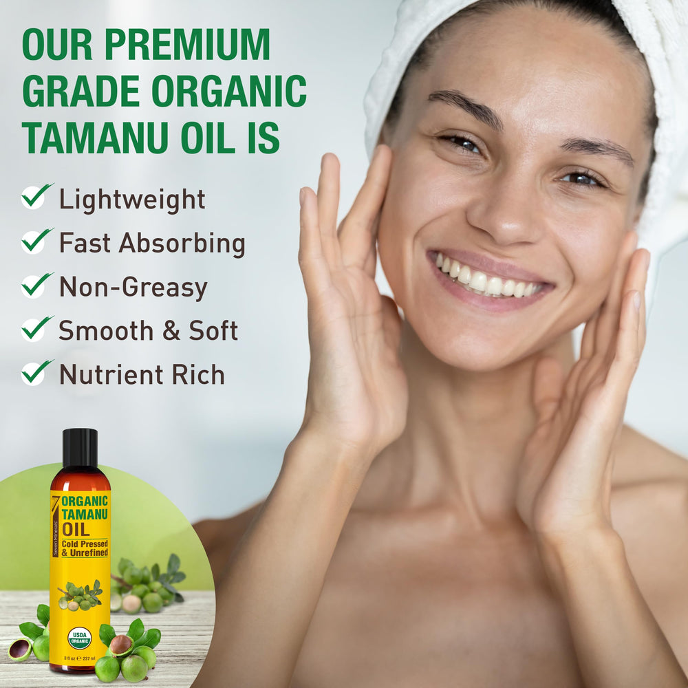 Seven Minerals Tamanu Oil on hair demonstrating moisture and natural shine.