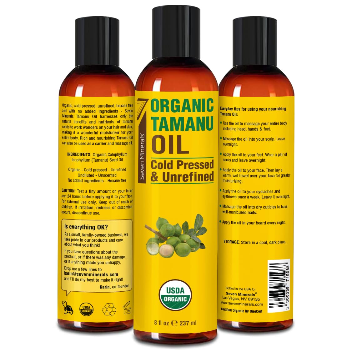 Seven Minerals Tamanu Oil packaging emphasizes USDA Organic, cold-pressed quality.