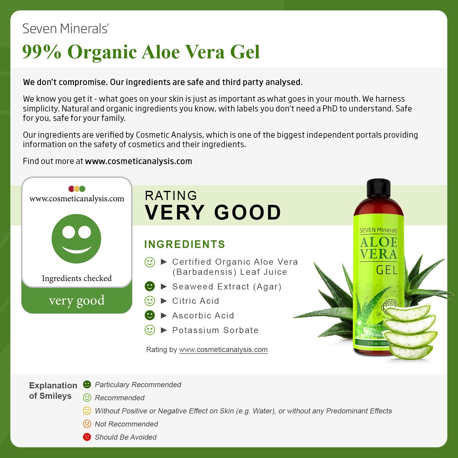 Seven Minerals Texas-grown aloe vera leaf close-up highlights pure extract.