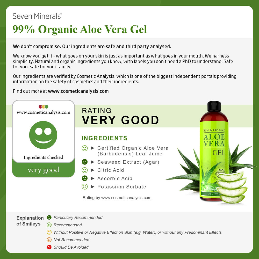Seven Minerals Texas-grown aloe vera leaf close-up highlights pure extract.