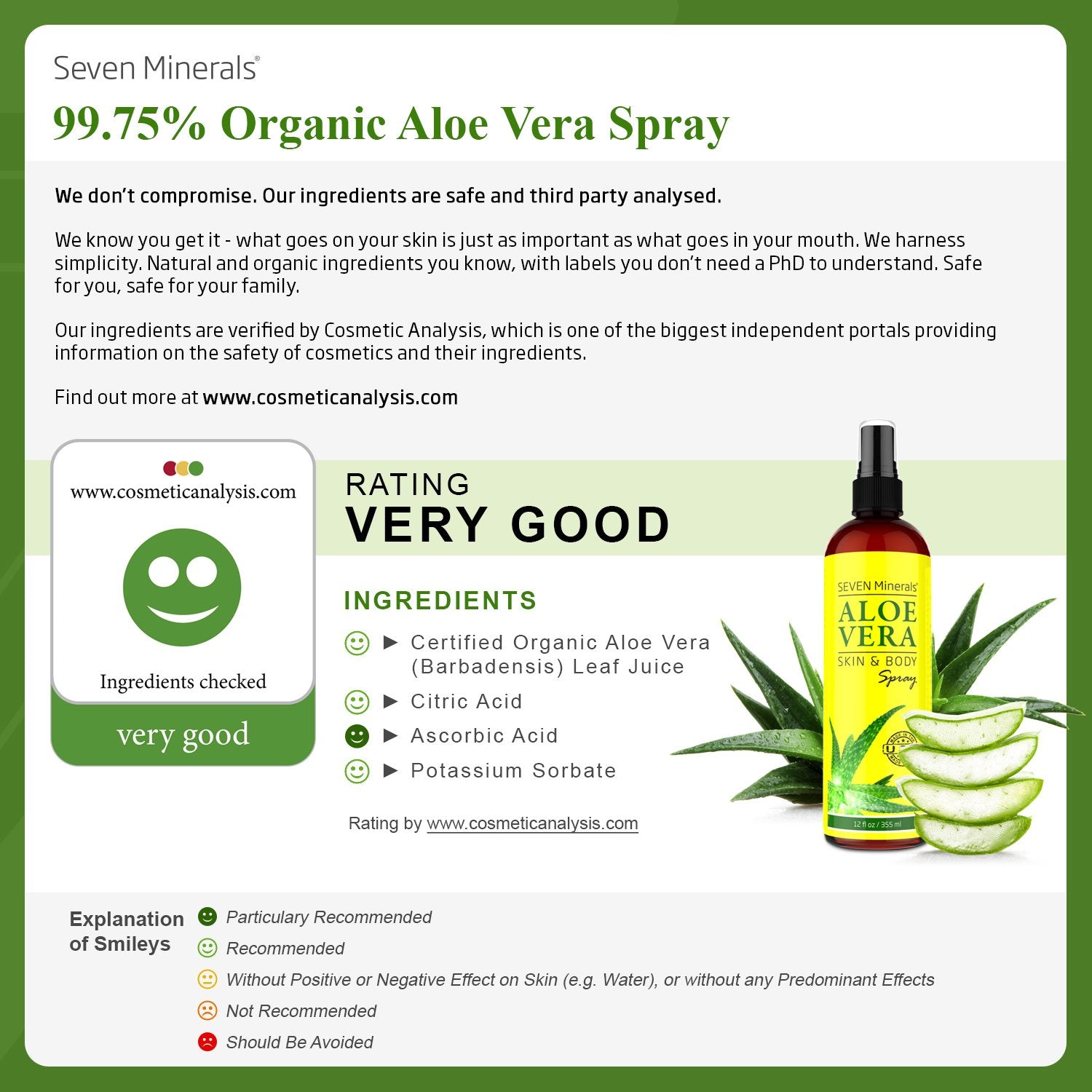 Seven Minerals aloe spray label close-up highlighting purity and fresh aloe