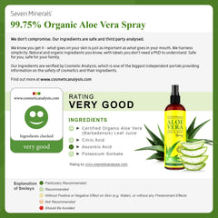 Seven Minerals aloe spray label close-up highlighting purity and fresh aloe