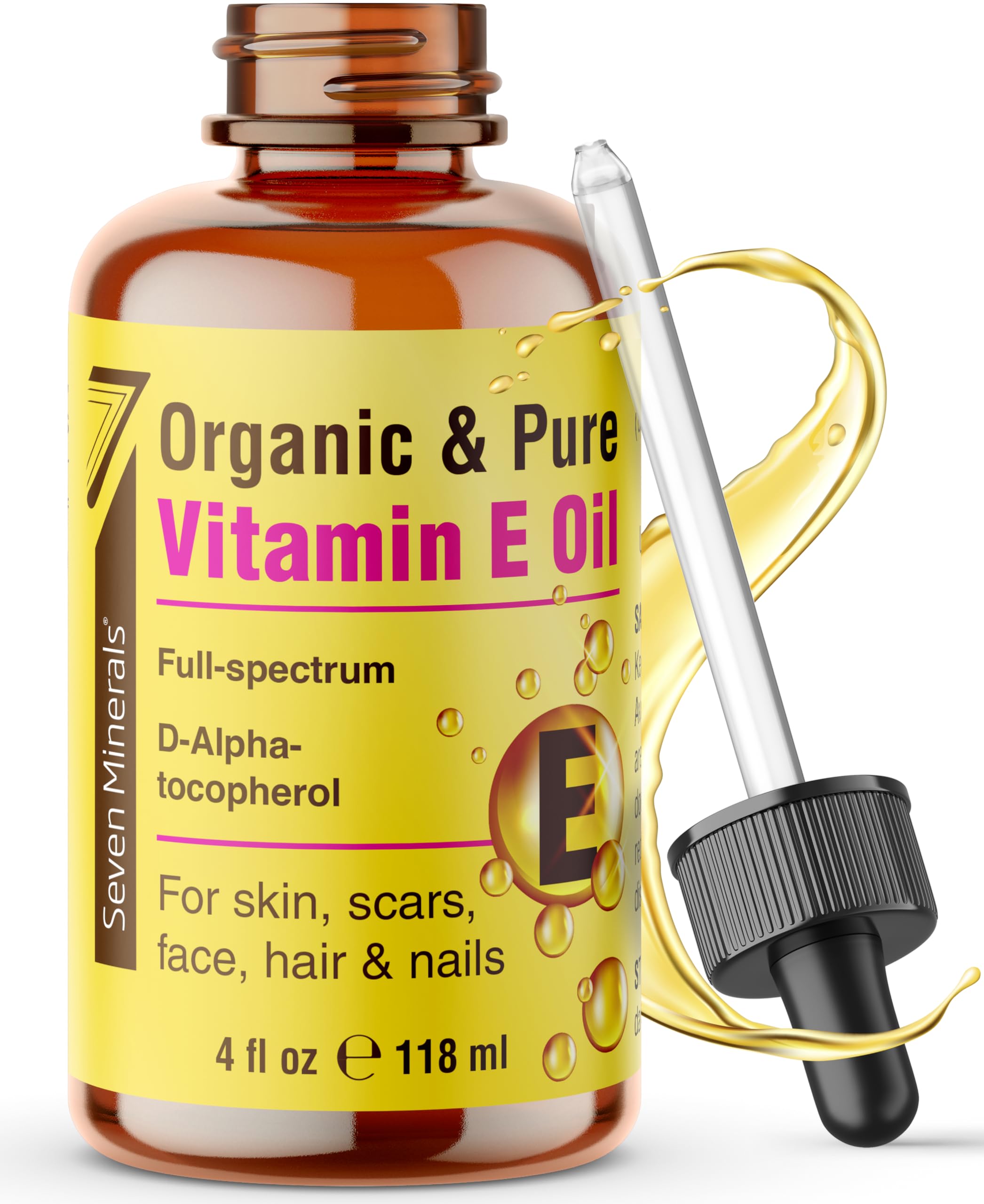 Seven Minerals Ultra Pure Vitamin E Oil bottle 4oz for skin hydration and glow.