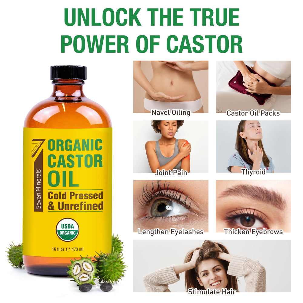 Seven Minerals USDA Organic castor oil in amber bottle preserves purity.