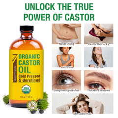 Seven Minerals USDA Organic castor oil in amber bottle preserves purity.