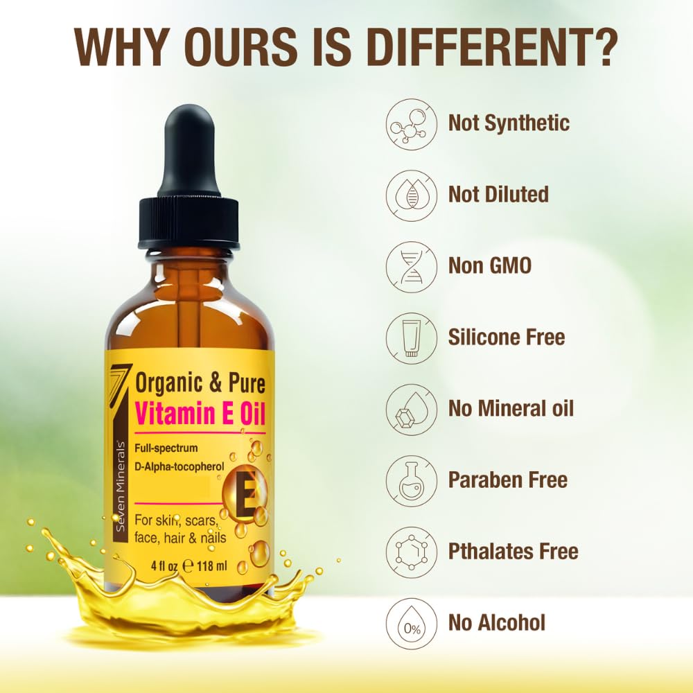 Seven Minerals Vitamin E Oil ingredients highlight pure organic D-Alpha tocopherol.