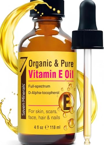 Seven Minerals Vitamin E Oil bottle label close-up showing organic full-spectrum tocopherol.