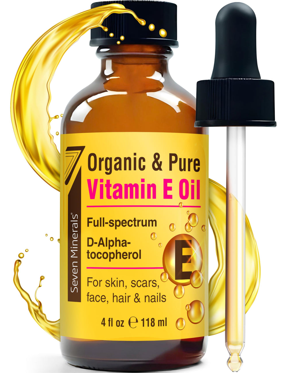 Seven Minerals Vitamin E Oil packaging emphasizes 100% organic, single-ingredient formula.