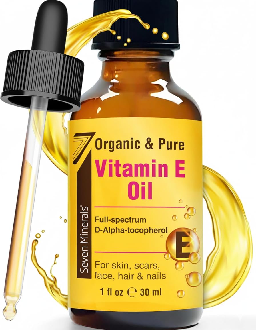 Front view of Seven Minerals Vitamin E Oil packaging and label.