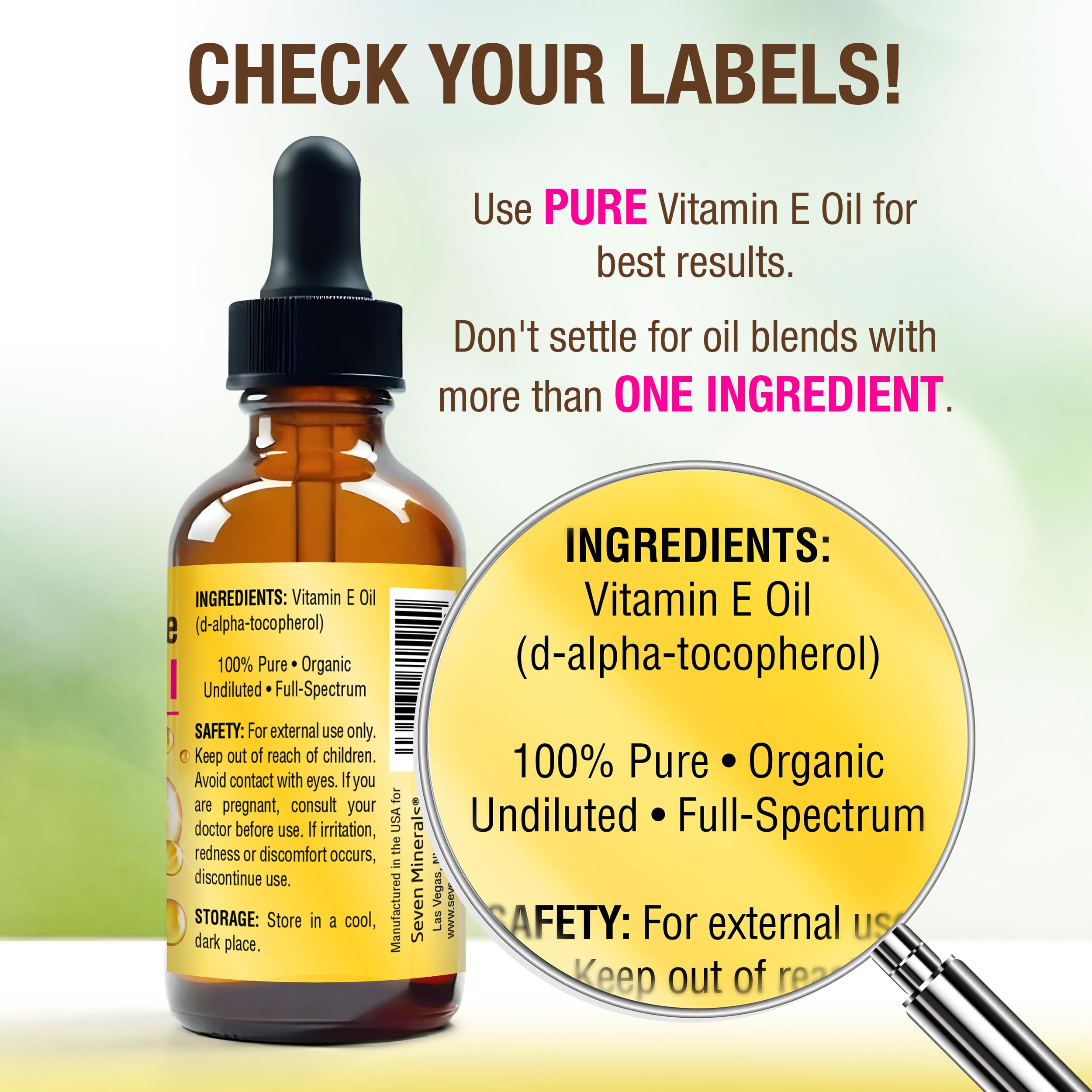 Seven Minerals Vitamin E Oil pour shot for easy daily application.