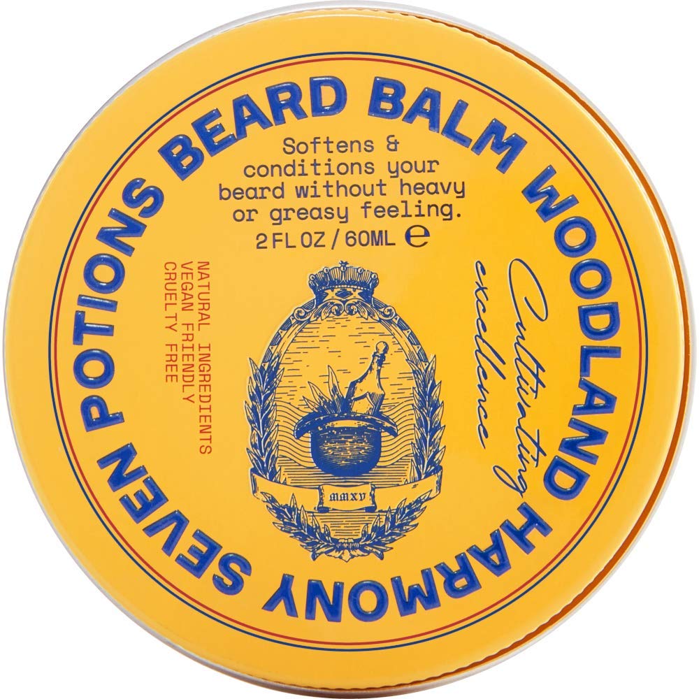 Seven Potions beard balm 2oz container helps soften beard hair for everyday comfort.