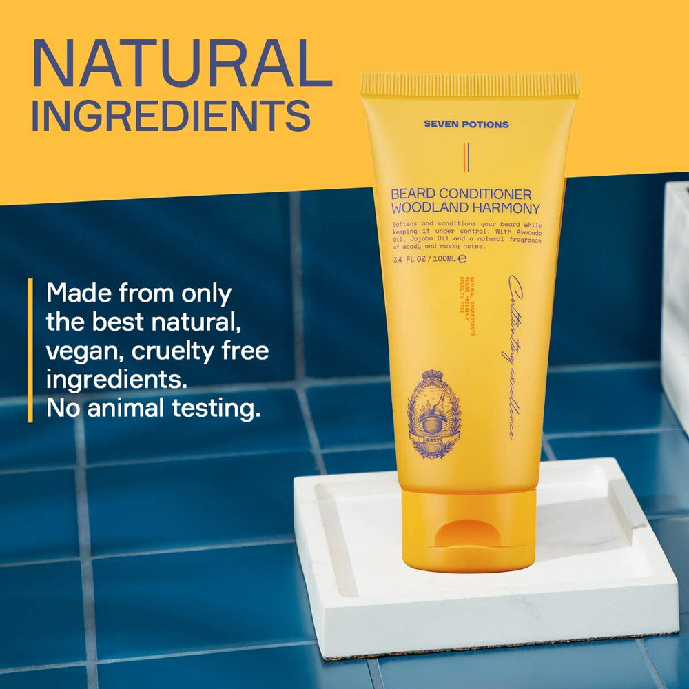 SEVEN POTIONS beard conditioner is applied to beard for detangling ease.