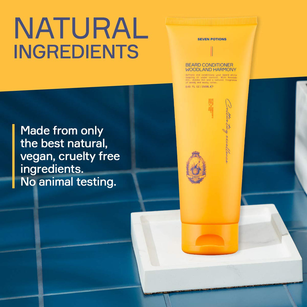 SEVEN POTIONS conditioner pump in use—softens and detangles for easier grooming
