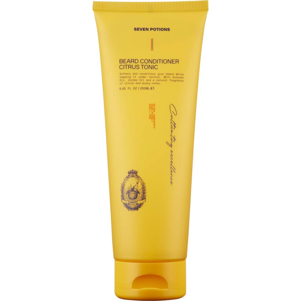 Seven Potions Beard Conditioner Citrus Tonic bottle shows hydrating care for beard health.