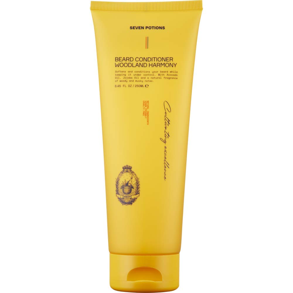 SEVEN POTIONS beard conditioner bottle with Woodland Harmony formula hydrates the beard