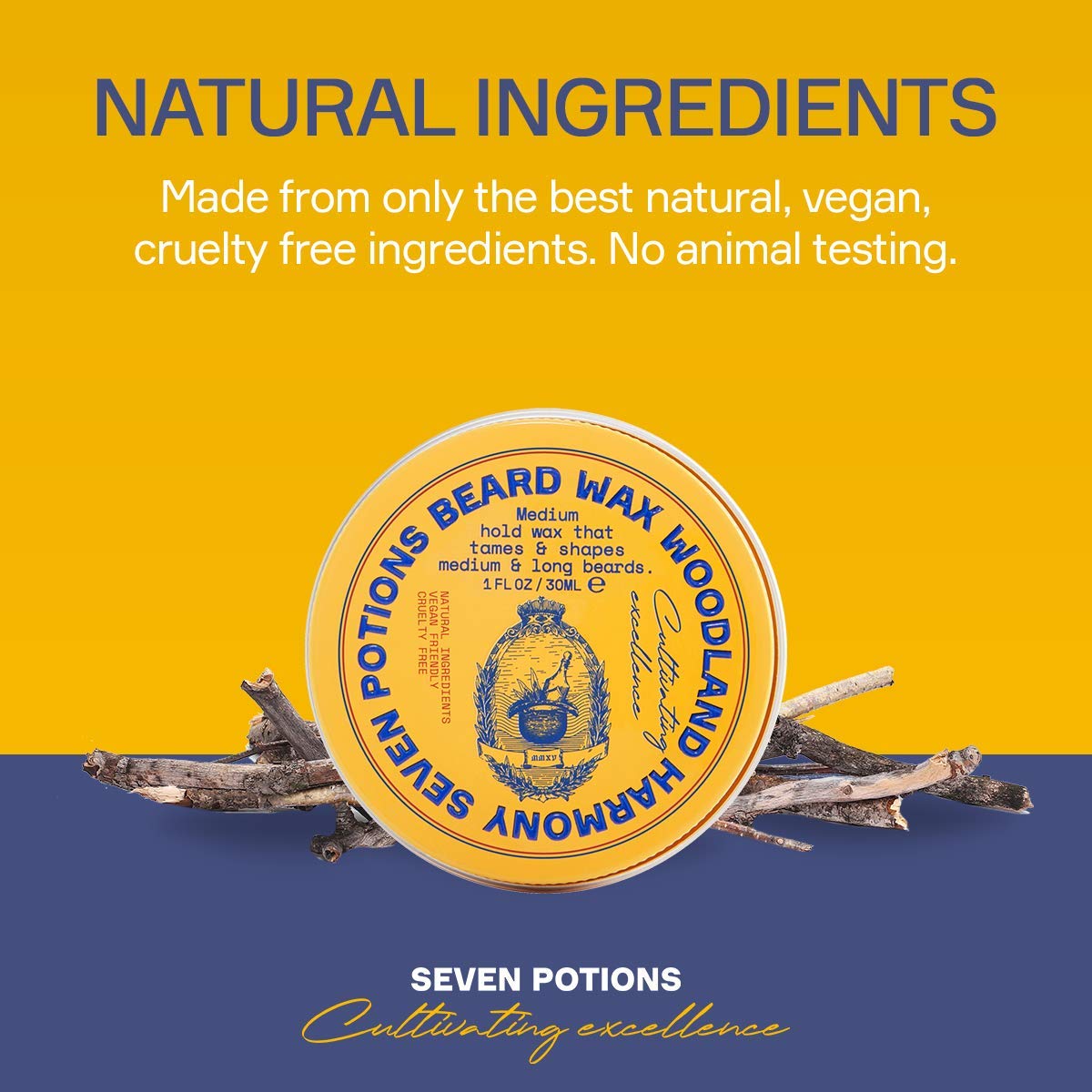SEVEN POTIONS beard wax Woodland Harmony logo close-up on jar for trusted brand vibe