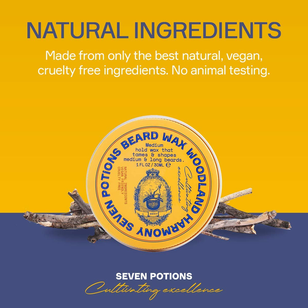 SEVEN POTIONS beard wax Woodland Harmony logo close-up on jar for trusted brand vibe