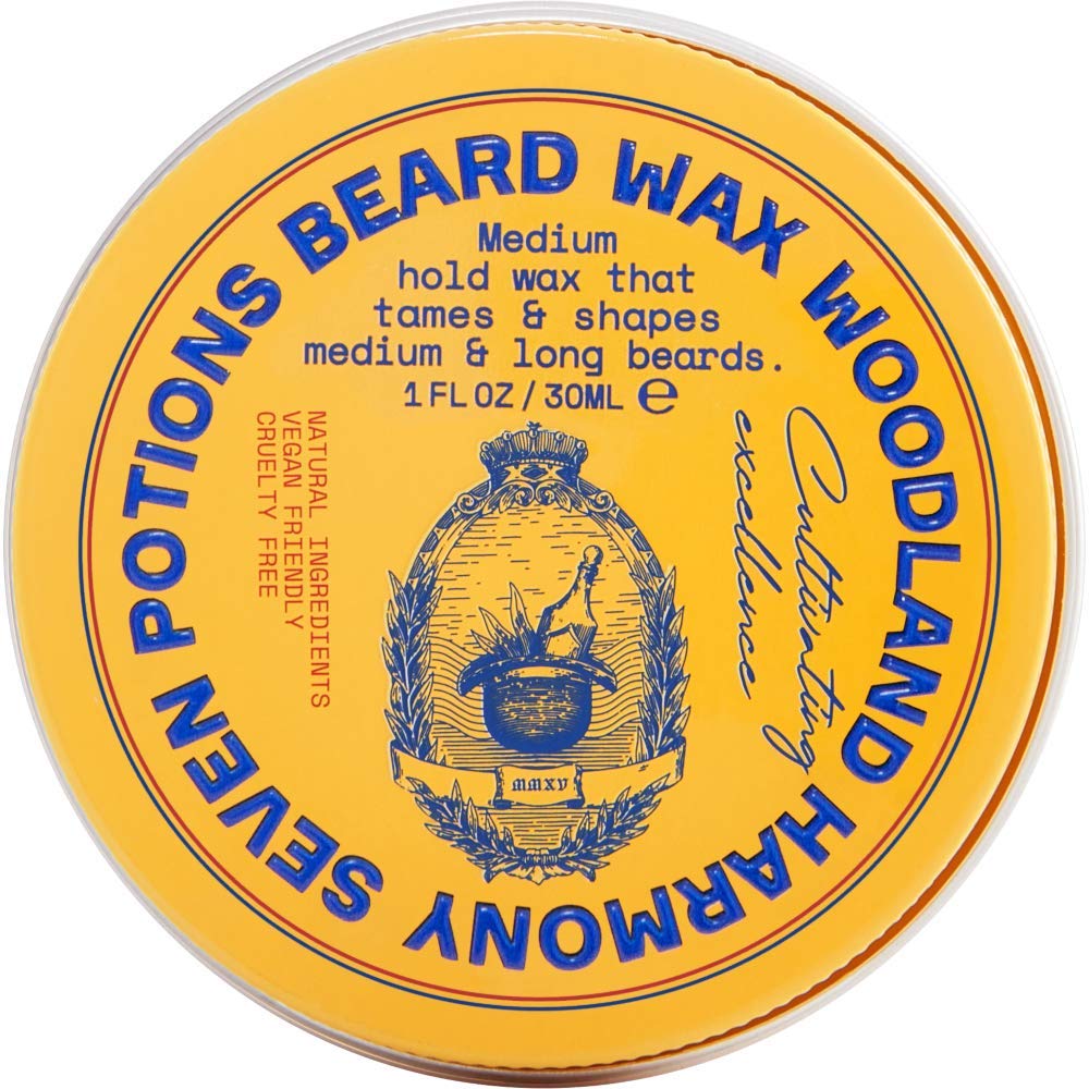 SEVEN POTIONS beard wax Woodland Harmony jar showing natural hold and nourishment