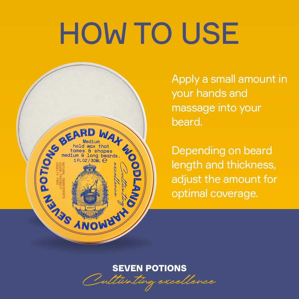 SEVEN POTIONS beard wax Woodland Harmony packaging close-up highlighting eco-friendly formula