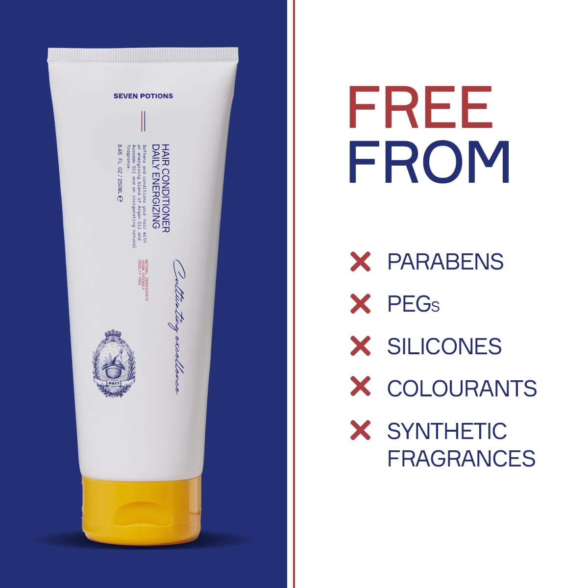 Seven Potions conditioner packaging highlights vegan and cruelty-free formulas.