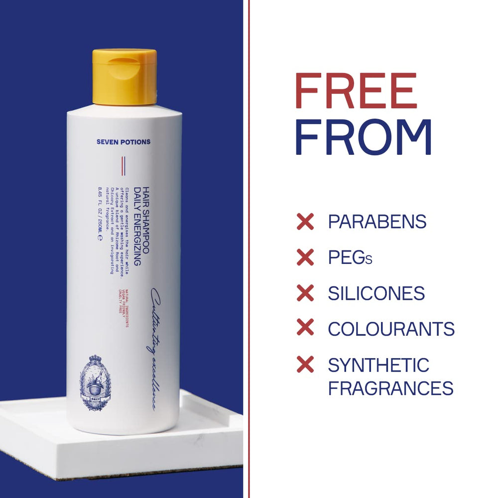 SEVEN POTIONS Hair Shampoo product shot conveys fresh, musky scent ideal for daily grooming.