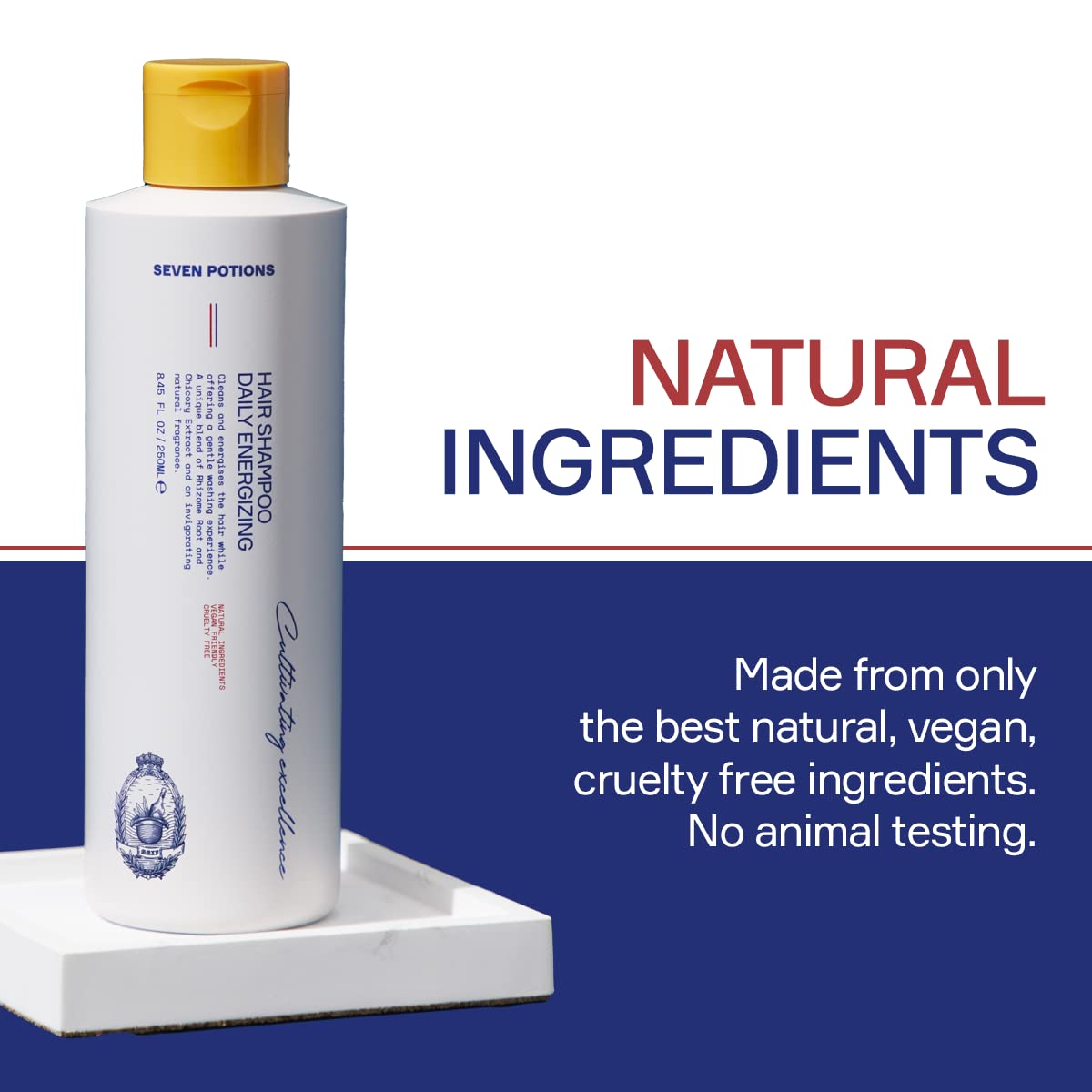 SEVEN POTIONS Hair Shampoo packaging picture reinforces England-made, cruelty-free production.