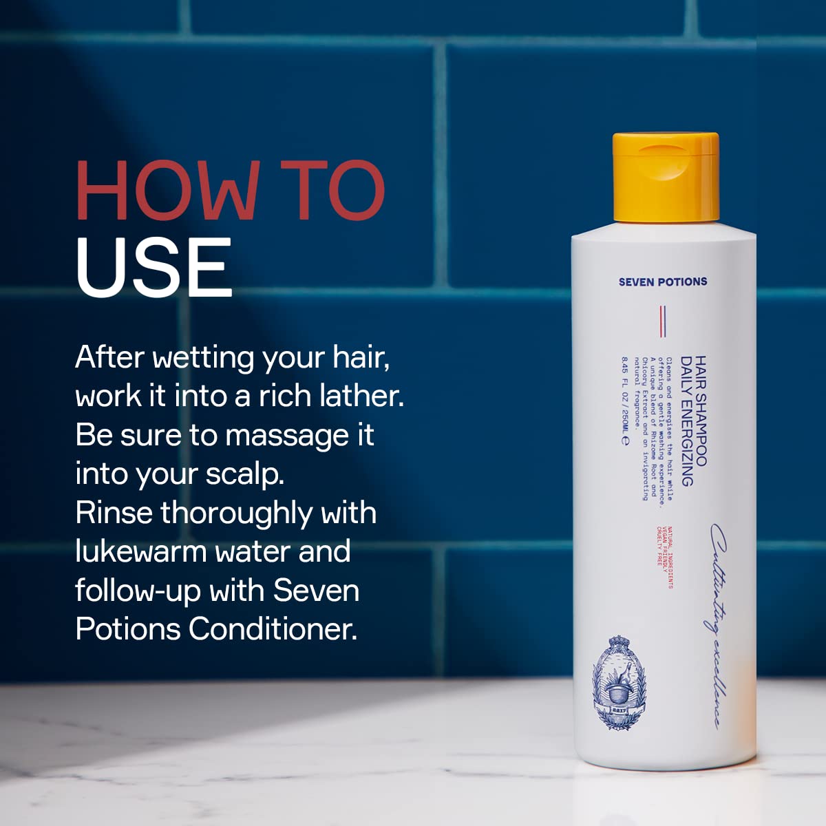 SEVEN POTIONS Hair Shampoo scalp-refresh image communicates invigorating feel during showers.