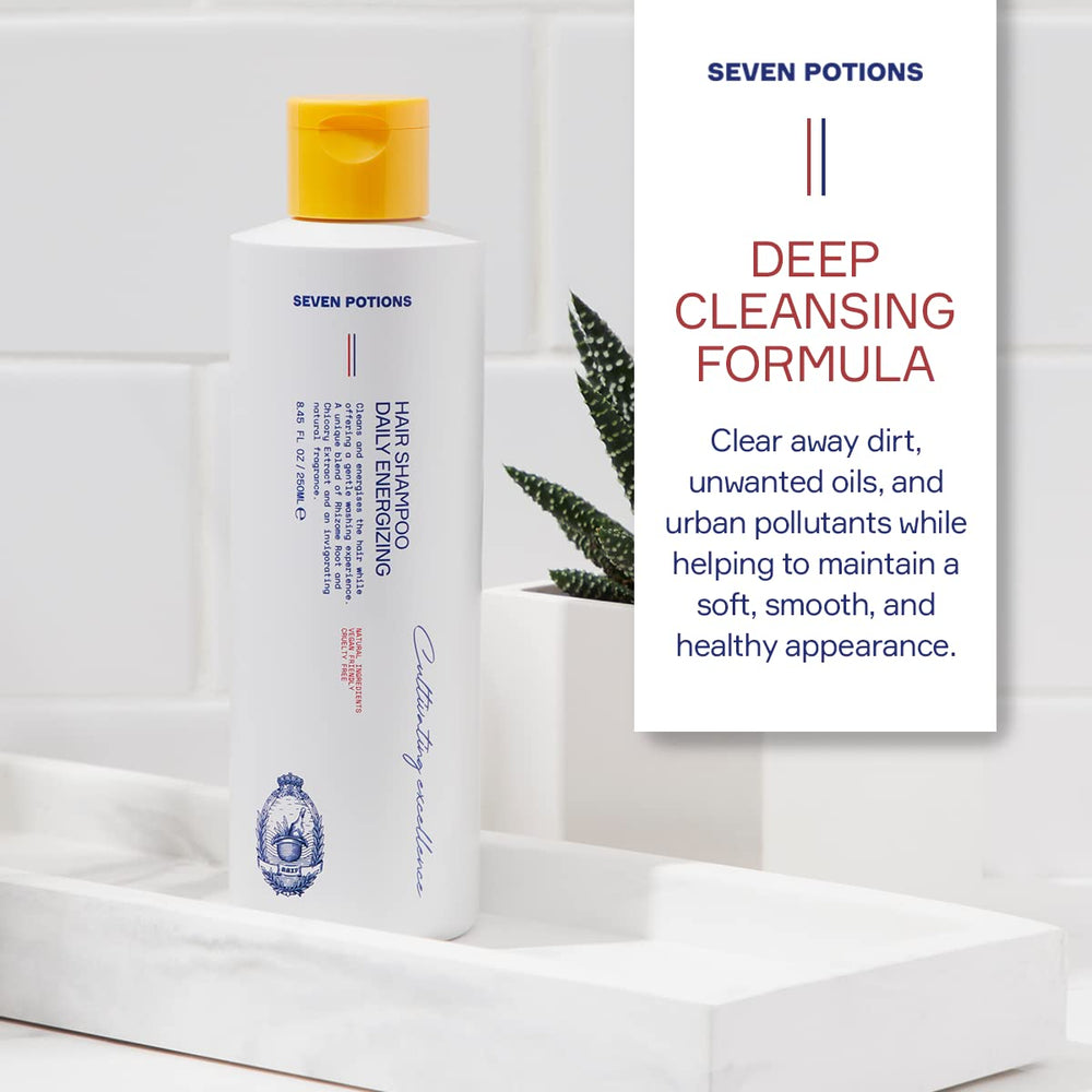 SEVEN POTIONS Hair Shampoo foamy-lather highlights natural vegan formula for healthier hair.