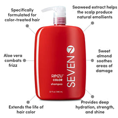 SEVEN Rinzu COLOR Shampoo pump showing easy, sulfate-free application for color-treated hair