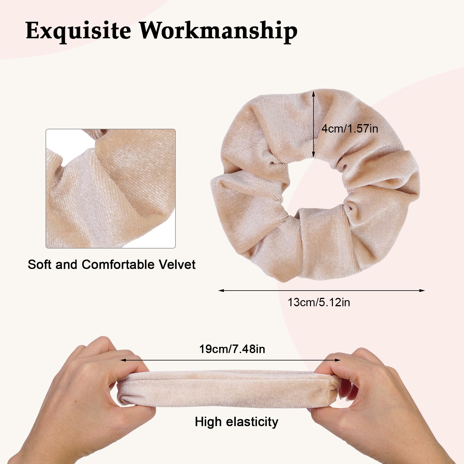 Seven Style velvet scrunchies in blonde provide soft, frizz-free hold for light-colored hair.
