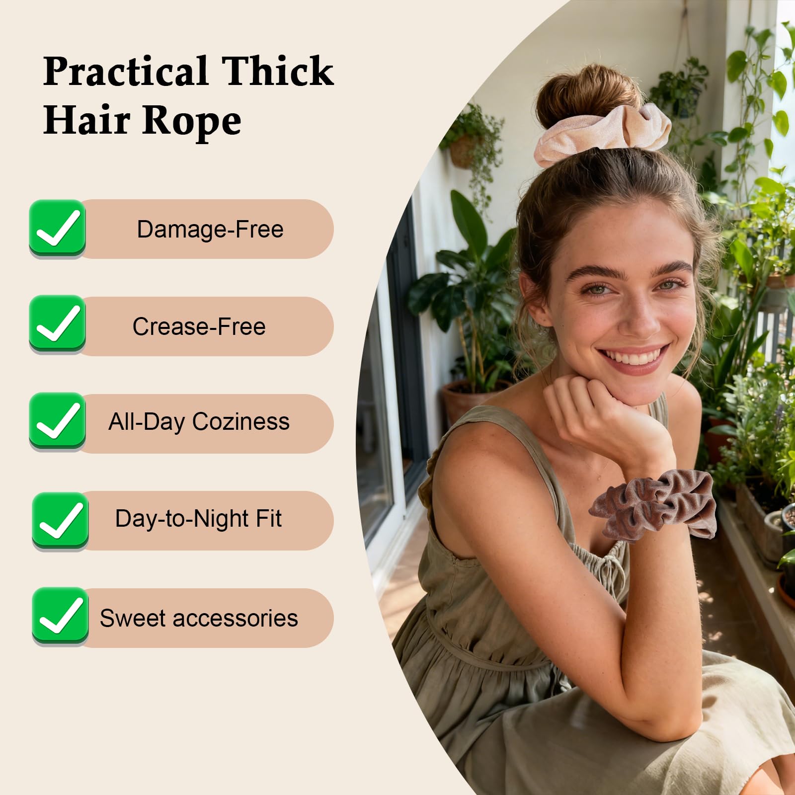Seven Style neutral palette velvet scrunchies complement any outfit while protecting hair.