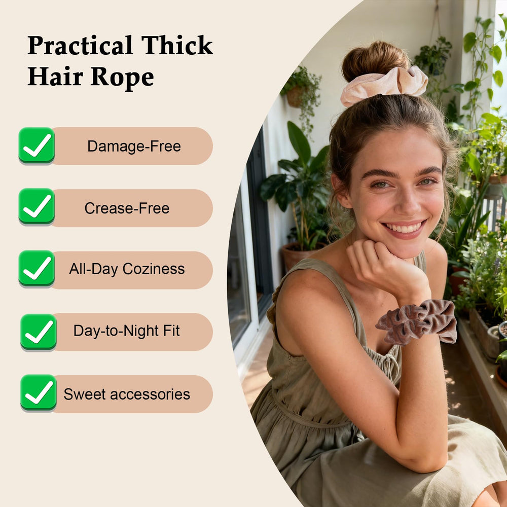 Seven Style neutral palette velvet scrunchies complement any outfit while protecting hair.