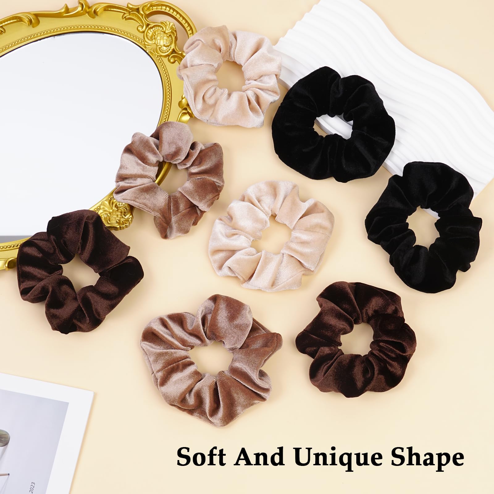 Seven Style velvet scrunchies close-up highlight plush fabric and gentle elasticity.