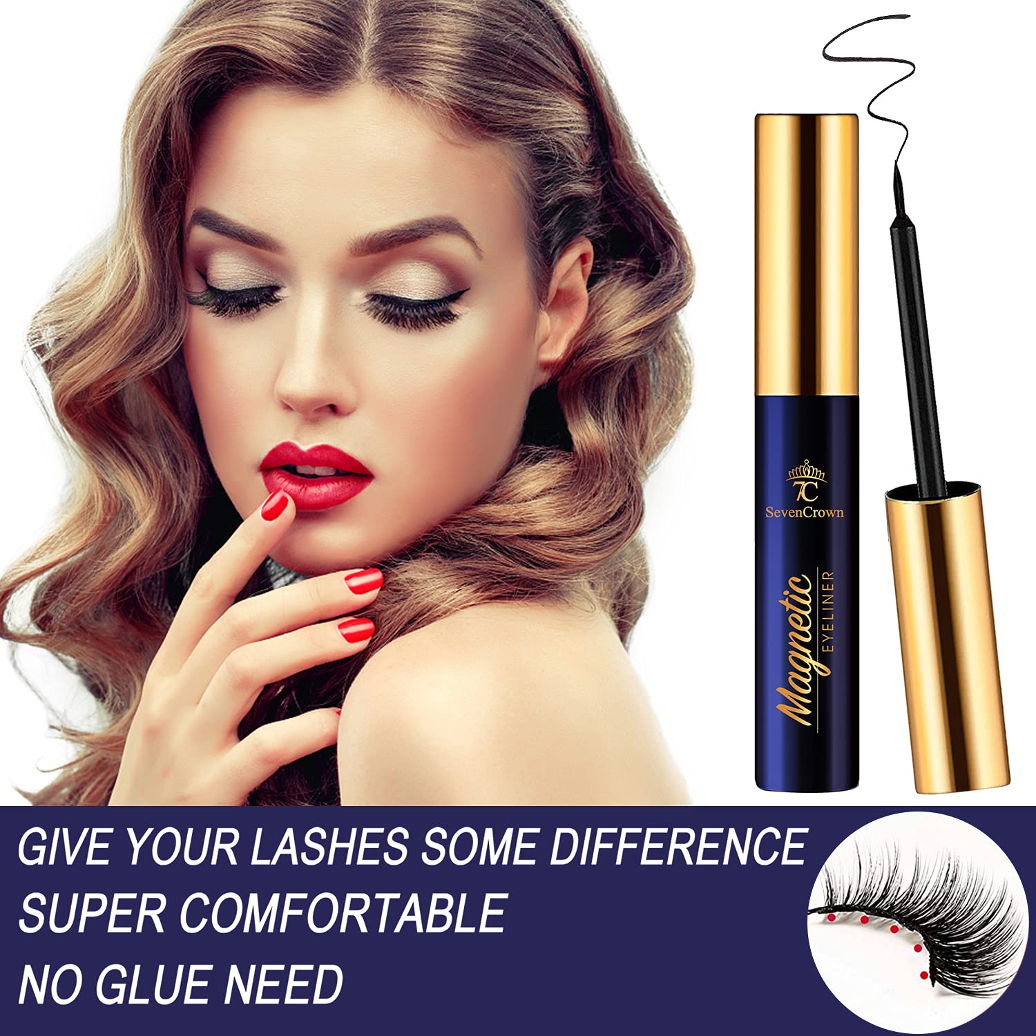 SevenCrown 3D lashes in medium cat-eye for natural drama.