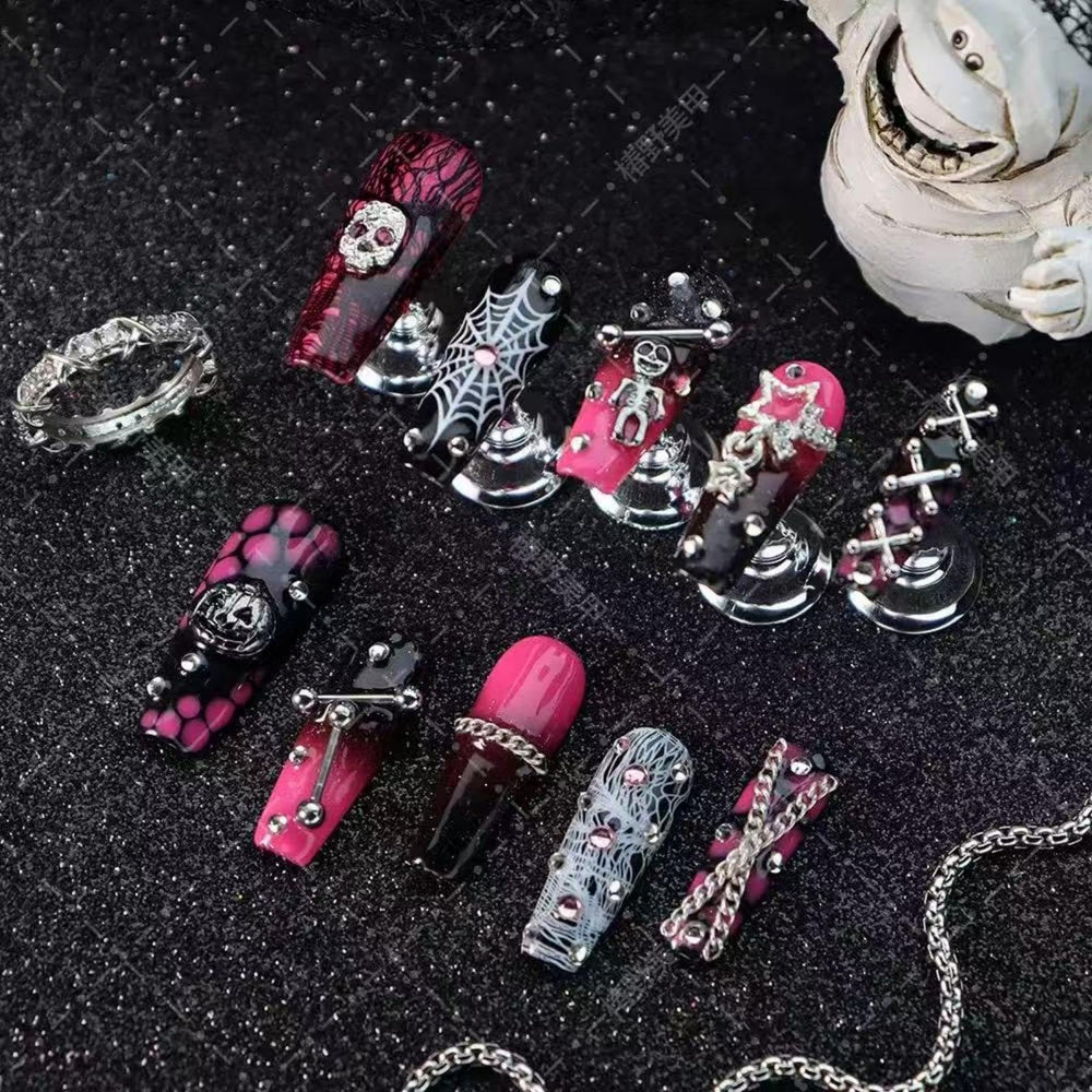 Sevgob Halloween coffin nails with skeleton pumpkin charms for bold festive nail art