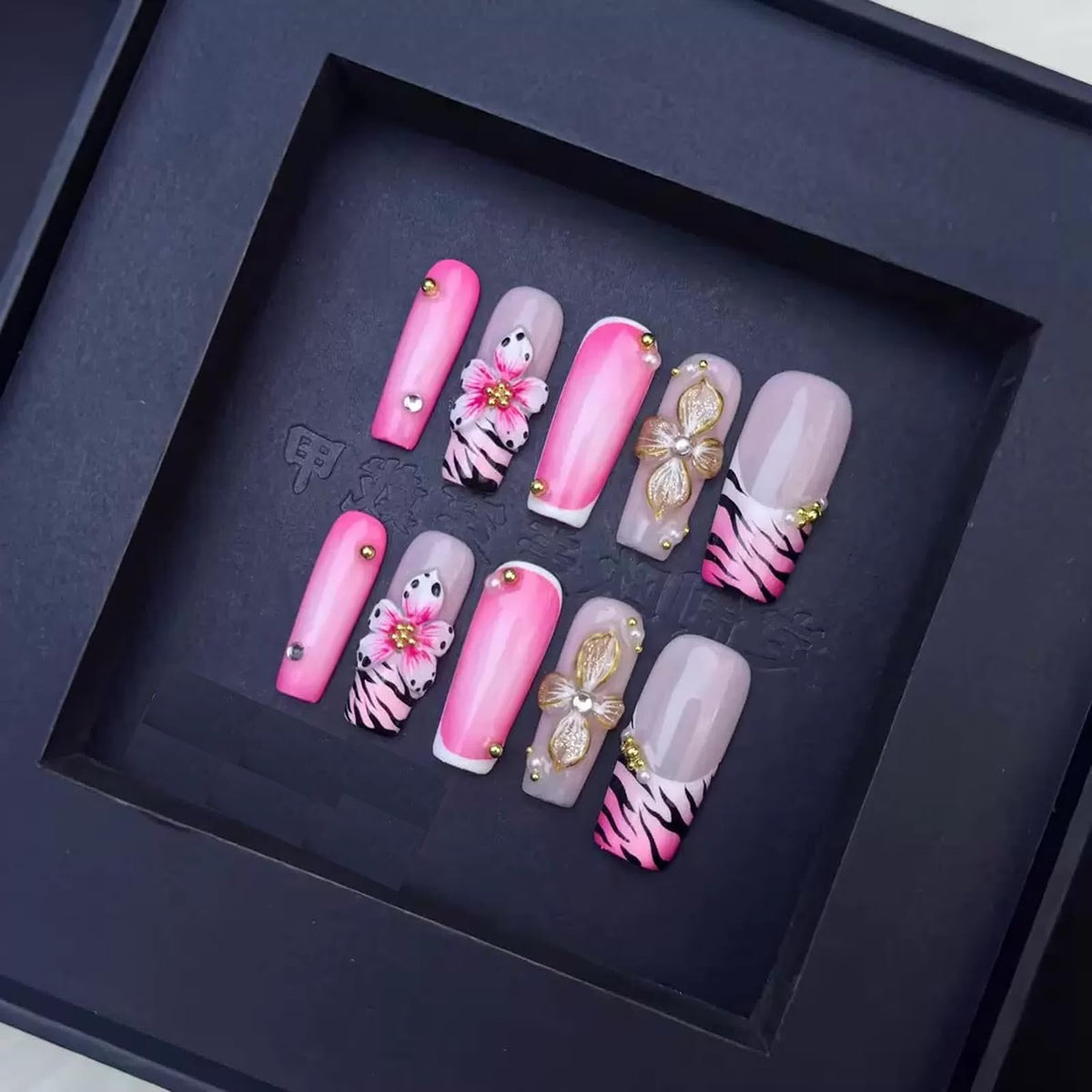 Sevgob pink flower embossed press-on nails in long square shape for daily wear