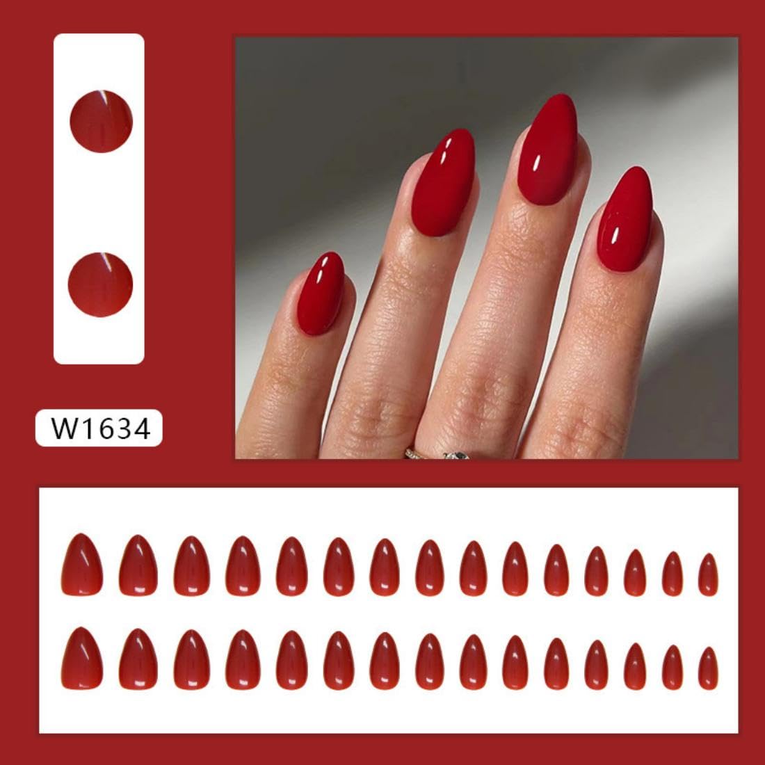 Sevgob red almond nails close-up showing solid red color and glossy finish.