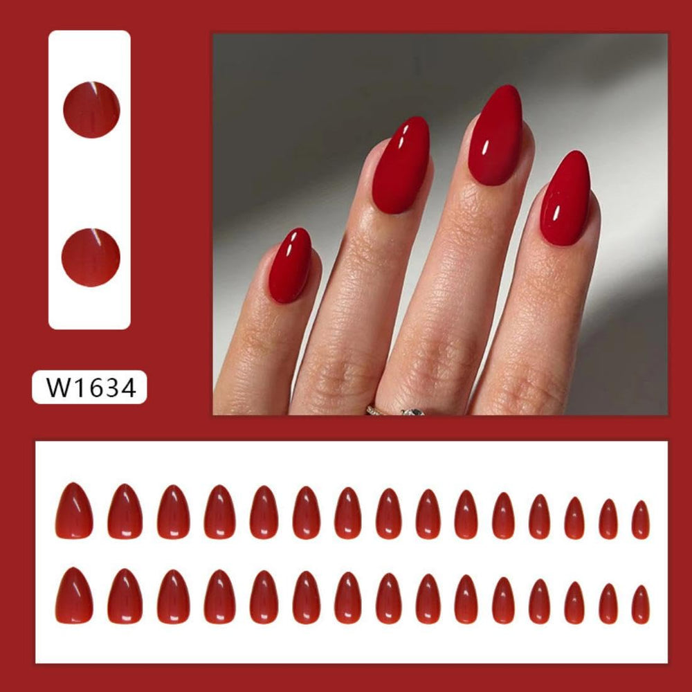 Sevgob red almond nails close-up showing solid red color and glossy finish.