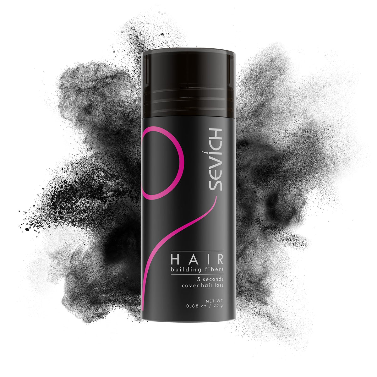 SEVICH Hair Fibers bottle closeup, easy application for instant fullness.