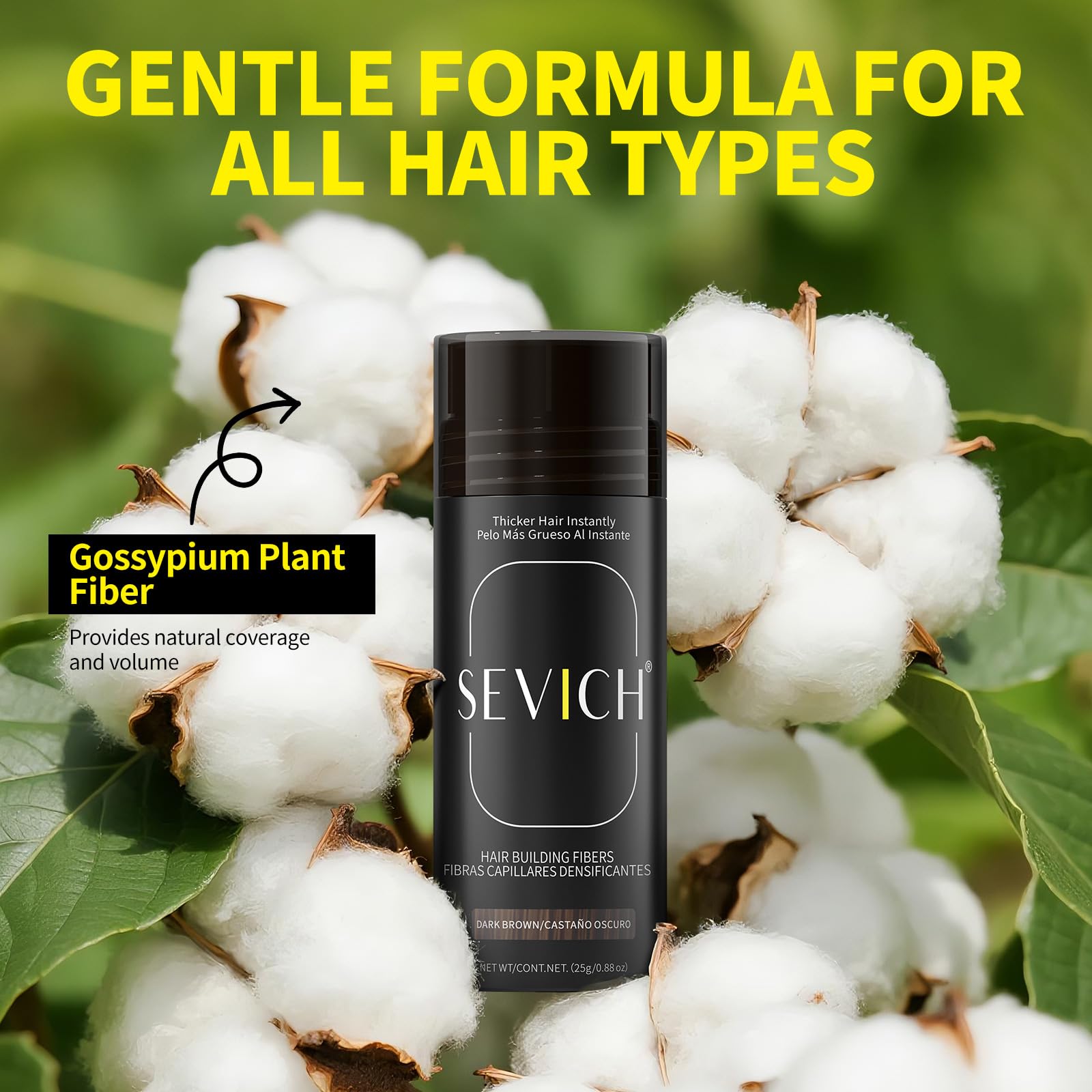 SEVICH Hair Fibers on hair during application illustrating targeted coverage of thinning areas.