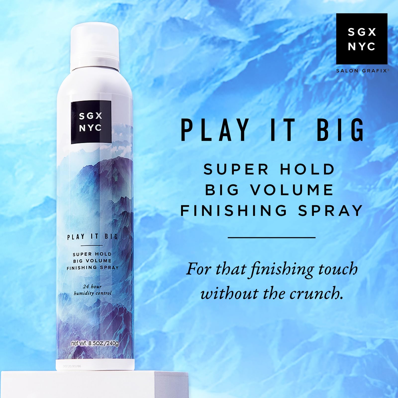 Close-up of SGX NYC Play It Big spray mist for even application