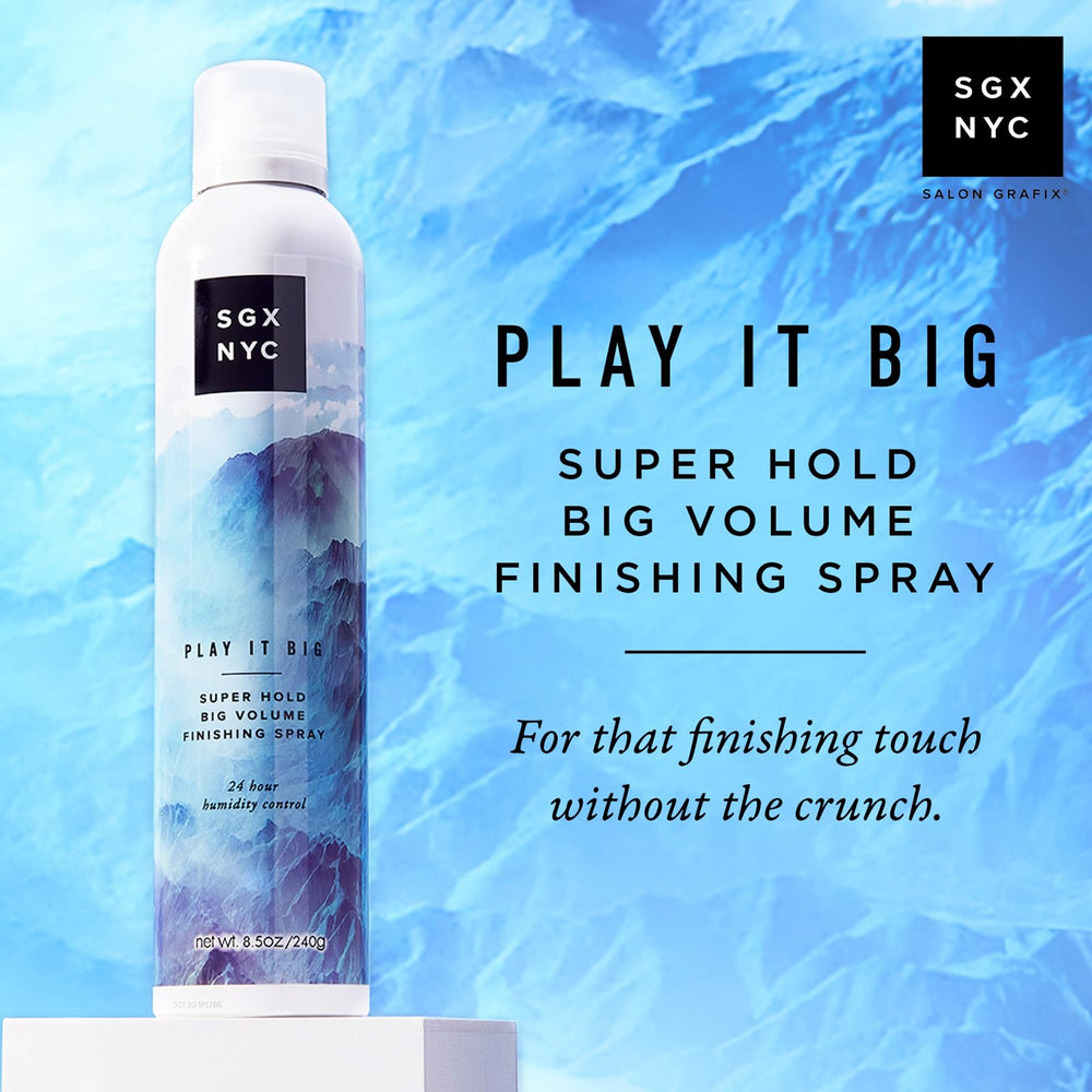Close-up of SGX NYC Play It Big spray mist for even application