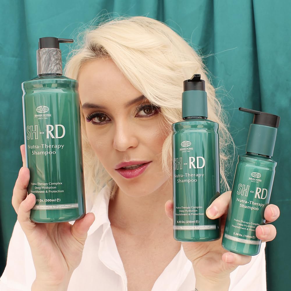 SH-RD Nutra-Therapy Shampoo on bathroom shelf in clean setting.