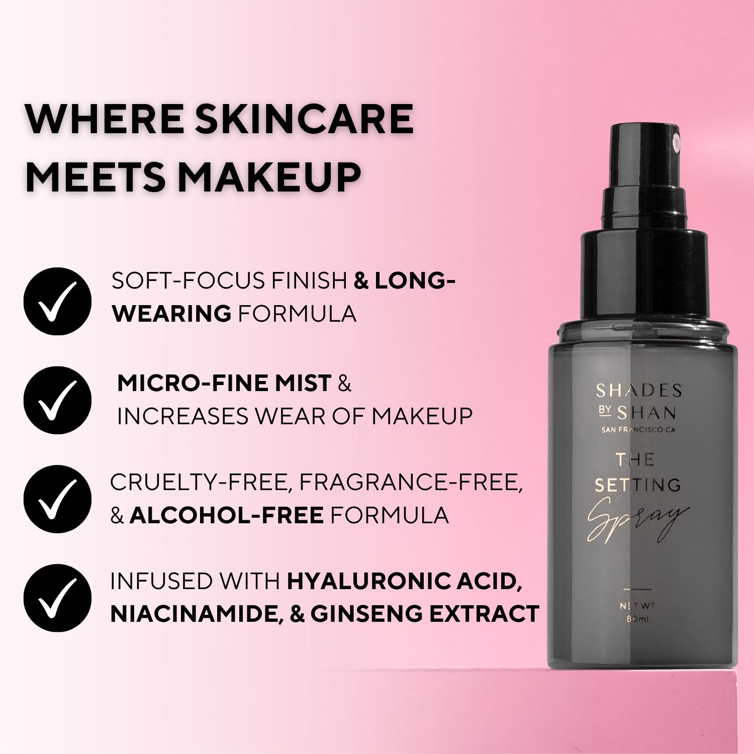 Shades by Shan setting spray with hyaluronic acid for hydrated makeup hold.