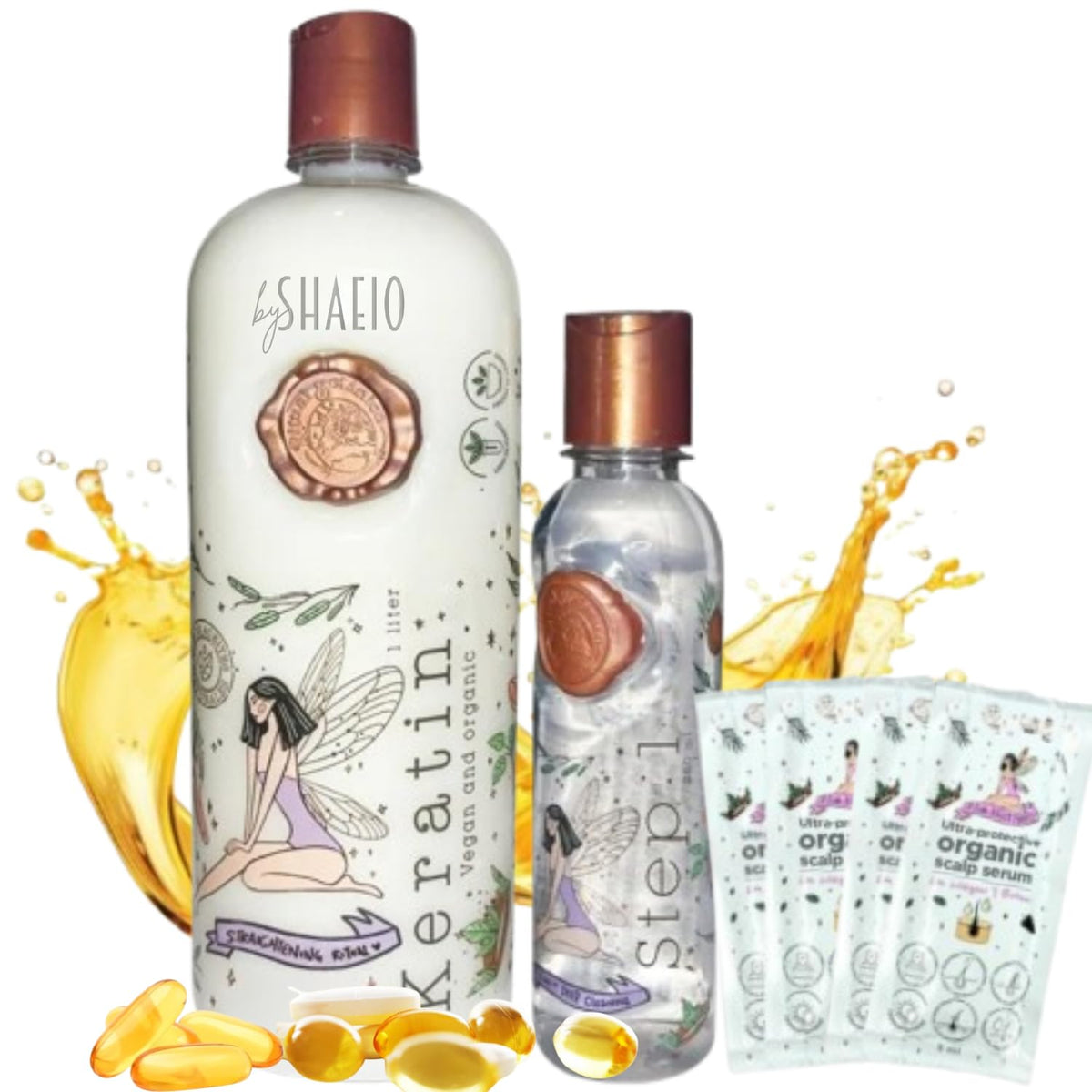 SHAEIO Keratin Hair Mask 1L bottle highlights premium organic formula for frizz control.