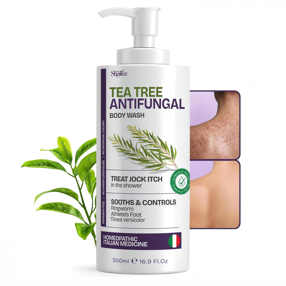 Shailee Tea Tree Body Wash bottle front highlighting antifungal formula for daily cleansing