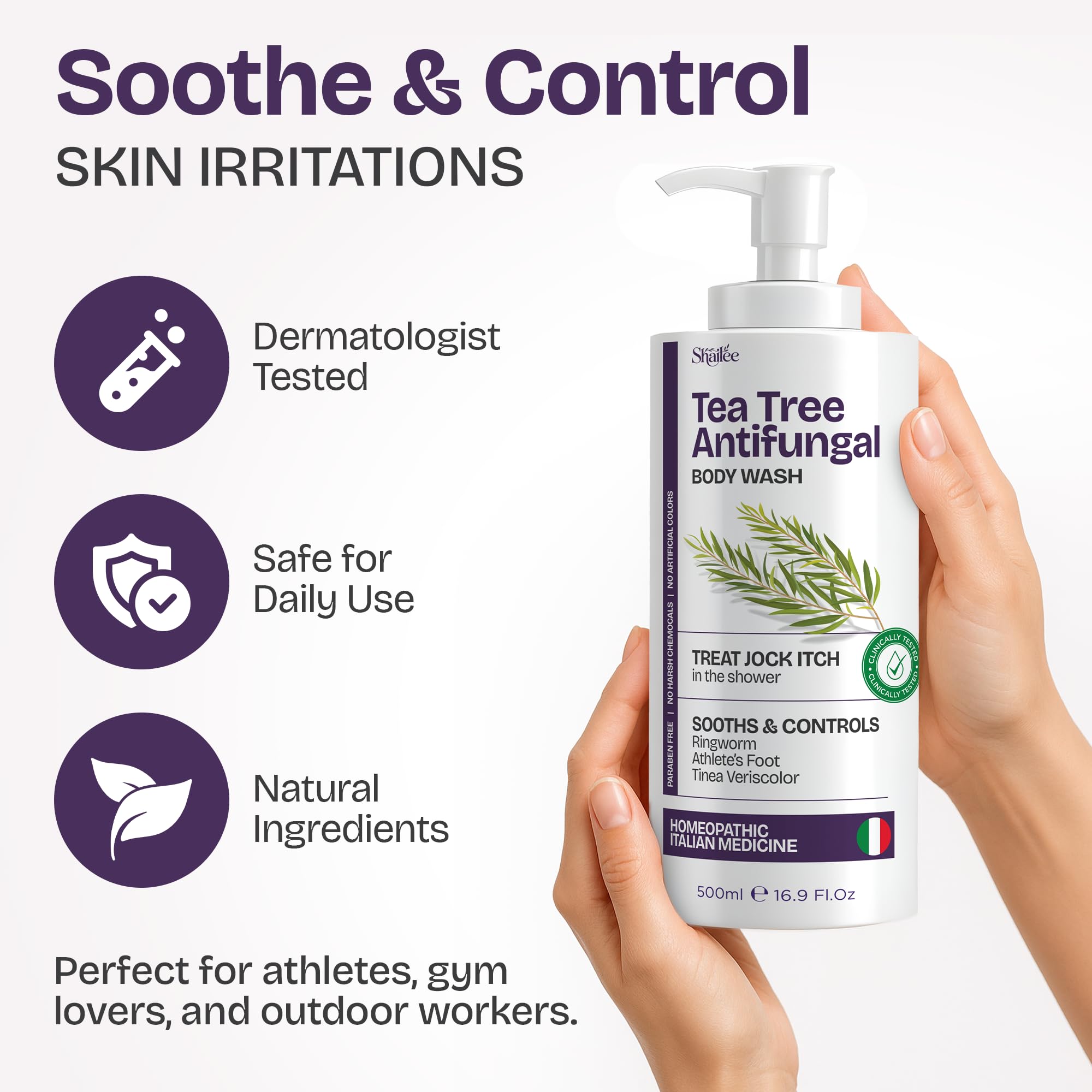 Label close-up of Shailee Tea Tree Body Wash with scent notes