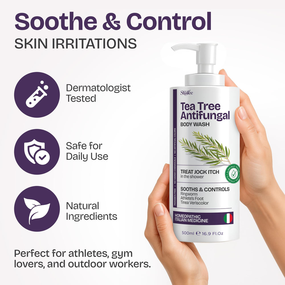 Label close-up of Shailee Tea Tree Body Wash with scent notes